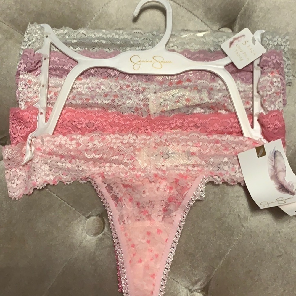 5 pack Jessica Simpson ultra flirty lace thong panties, new, pinks, gray